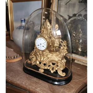 Gilded Enregile Clock Under Its Glass Globe From The Napoleon 3rd Period