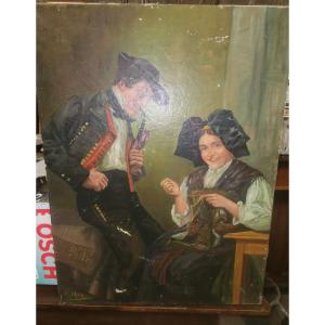 Oil On Canvas 19th Century Representing An Alsatian Couple