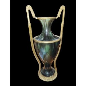 Baluster-shaped Vase In Shaded Green Earthenware And Brass, Early 20th Century