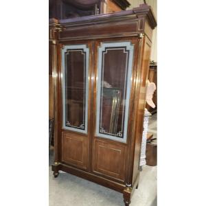 Louis XVI Bookcase In Mahogany And Numerous Brass Moldings Frosted Glass