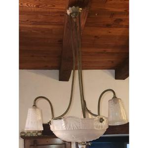 Muller Frères Lunéville Art Deco Pressed Glass Chandelier