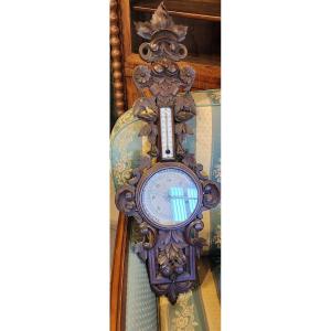 Large Carved Wooden Thermometer Barometer