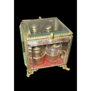 Glass And Brass Box Including 4 Enameled Glass Perfume Bottles, Late 19th Century