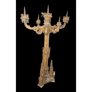 Neo-gothic Six-branched Candlestick In Gilded Wood, 19th Century 