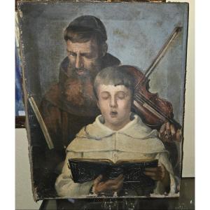 Religious Oil On Canvas Playing The Violin To Teach A Child To Sing