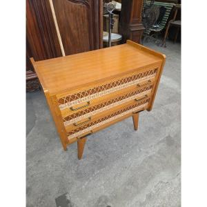 Chest Of Drawers And Bed In Oak And Rattan From The 60s