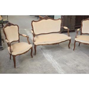 Louis XV Walnut Living Room, Early 2900s, 1 Two-seater Sofa And 2 Armchairs 