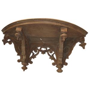 Neogothic Style Corner Wall Console In Oak, Early 1900s
