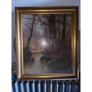Oil On Canvas By émile Godchaux Depicting A Fisherman In A River 