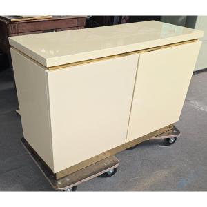Small Cream Lacquered And Brass Cabinet By Jean Claude Mahey, 1970s