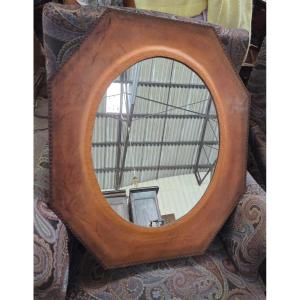 1960s Mirror With Embossed Leather Frame In The Style Of Jacques Adnet 