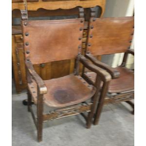 Pair Of 19th Century Armchairs In The Haute Epoque Style, Seat And Back In Cordoba Leather