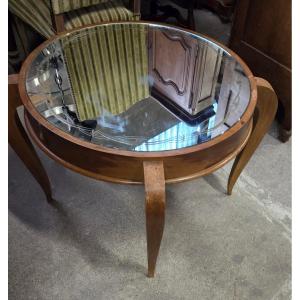 Art Deco Walnut Side Table With Mirrored Top And Decorations 