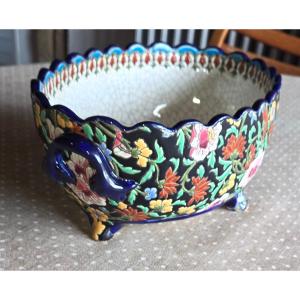 Jardiniere In Longwy Enamels In Rare Colors