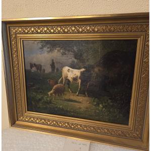 Painting By Antonio Cortes (1826/1908) Cowherd And His Herd 