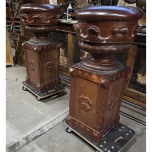 Imposing Display Of Flowerpots And Their Columns In Enamelled Stoneware From The Early 20th Century 