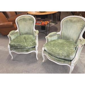Pair Of Louis XV Style Armchairs From The 1960s In Green Velvet