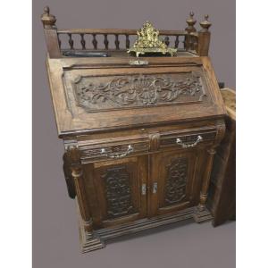 Oak Scriban Desk From The Beginning Of 1900, Henry II Style 