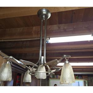 Art Deco Chandelier With 5 Tulips, Heron Design