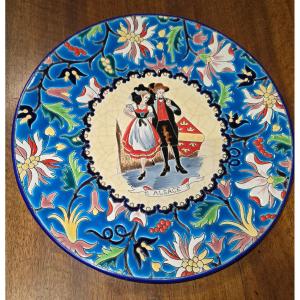 Longwy Enamel Plate Decorated With Alsatian Figures 