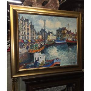 Oil On Canvas By G. Guerin Depicting A Breton Fishing Port 