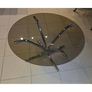 1970s Coffee Table In Chromed Metal With A Glass Top