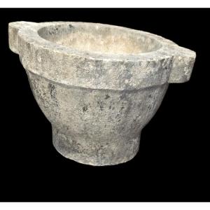 Large 19th Century Limestone Mortar With Two Handles, From A House In The Chaumont Area