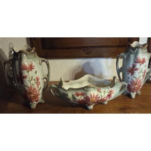 Set Of 2 Vases And 1 Planter K & G Lunéville Decorated With Wild Roses 