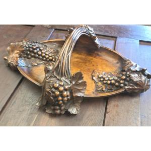Carved Wooden Fruit Bowl With Grape Decoration From The 20th Century, Signed Yves Le Meur