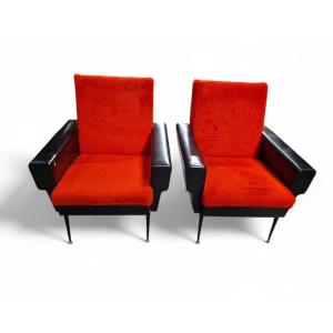 Pair Of Armchairs From The 1960s (black Vinyl And Red Fabric)