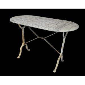1950s Bistro Table With Oval Marble Top And Cast Iron Base