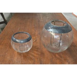 Champagne Bucket And Matching Ice Bucket In Glass And Silver-plated Metal From The 1970s