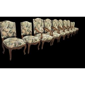 Important Set Comprising 6 Armchairs And 4 Chairs In Walnut Stamped By Honoré Dufin 
