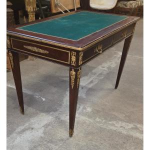 Small Louis XVI Style Flat Desk In Mahogany And Adorned With Numerous Napoleon III Period Bronze Mounts