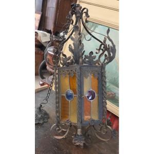 Important Early 20th Century Wrought Iron And Stained Glass Lantern