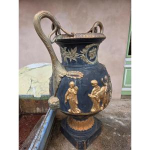Monumental Cast Iron Vase From The Late 19th Century Decorated With Scenes From Antiquity