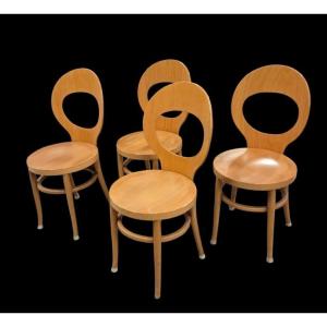 Set Of 4 Baumann Mouette Model Chairs In Honey-colored Beech Wood