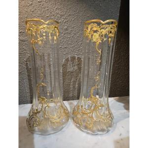 Pair Of Engraved Crystal Vases 19th