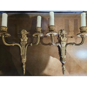 Pair Of Bronze Ram's Head Wall Sconces 