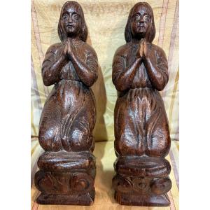 Pair Of Orants, 17th Century, Carved Wood, France