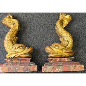 Pair Of Gilded Wood Dolphins 18th C