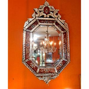 Venice Octagonal Mirror With Pediment Enameled Decor