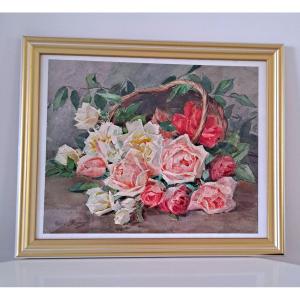 Watercolor "basket Of Roses" Ysabel Minoggio -roussel (1875-?) 