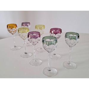 Set Of 8 Colored Crystal Liqueur Glasses, Probably Baccarat Model