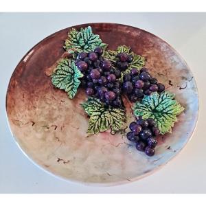 Decorative Dish In Barbotine Decorated With A Bunch Of Grapes And Vine Leaves