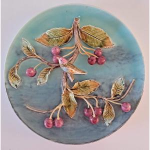 Decorative Dish In Barbotine Decorated With A Branch Of Cherries And A Bird