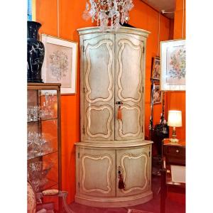 Corner Unit In Lacquered Wood, Light Green-grey, With White Highlights