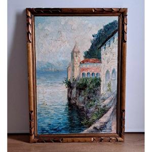 Oil On Panel Italo Giordani "vue Du Lac De Côme"