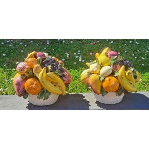 Pair Of Fruit Bowls In Italian Barbotine