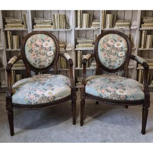 Pair Of Walnut Armchairs Louis XVI Period